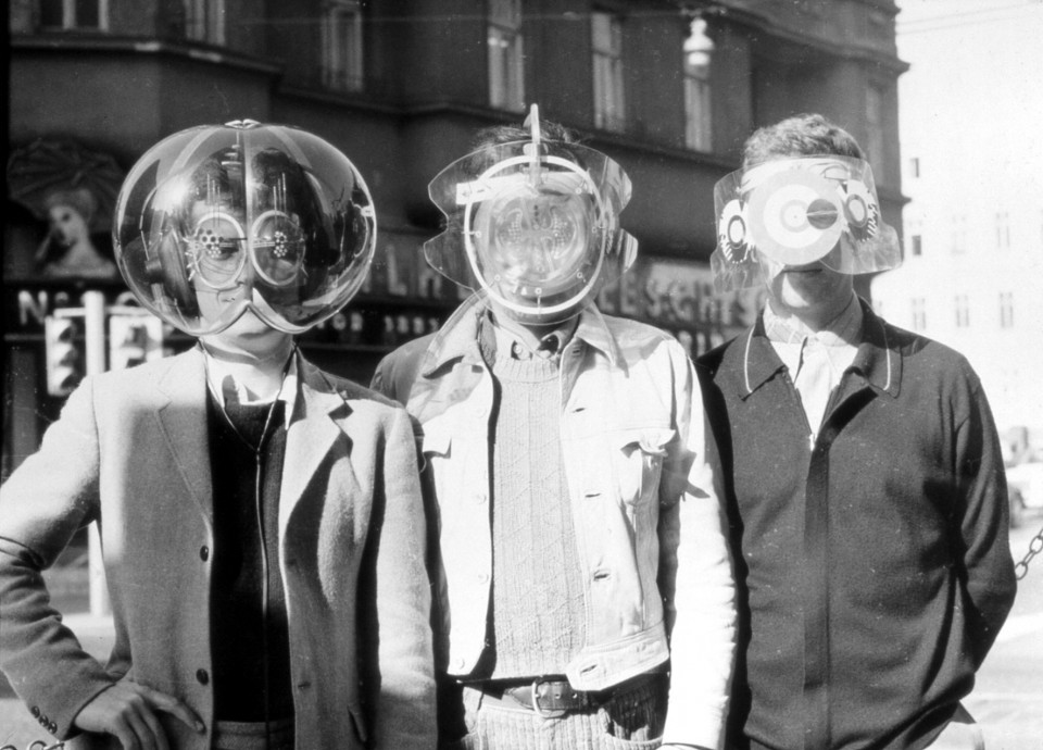 Haus Rucker Co: Laurids, Zamp and Pinter with Environment Transformers (Flyhead, Viewatomizer and Drizzler) 1968. Photo: Gert Winkler