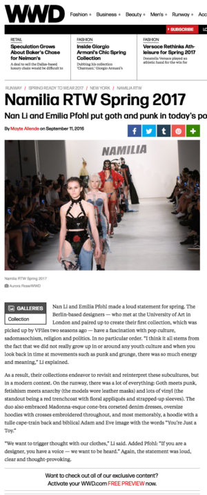 Namilia designers Nan Li and Emilia Pfohl put goth and punk in today's pop culture context for spring 2017.